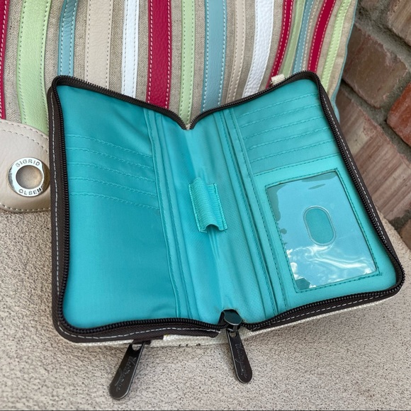 Sigrid Olsen 🌺 Striped Canvas and Leather Tote Bag w/matching wallet - Picture 4 of 13